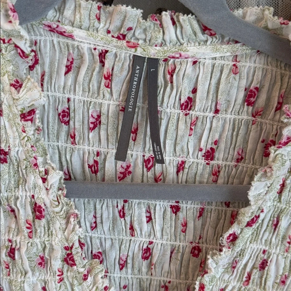Anthropologie Cream Blouse with Pink Rose Print and Smocked Bodice